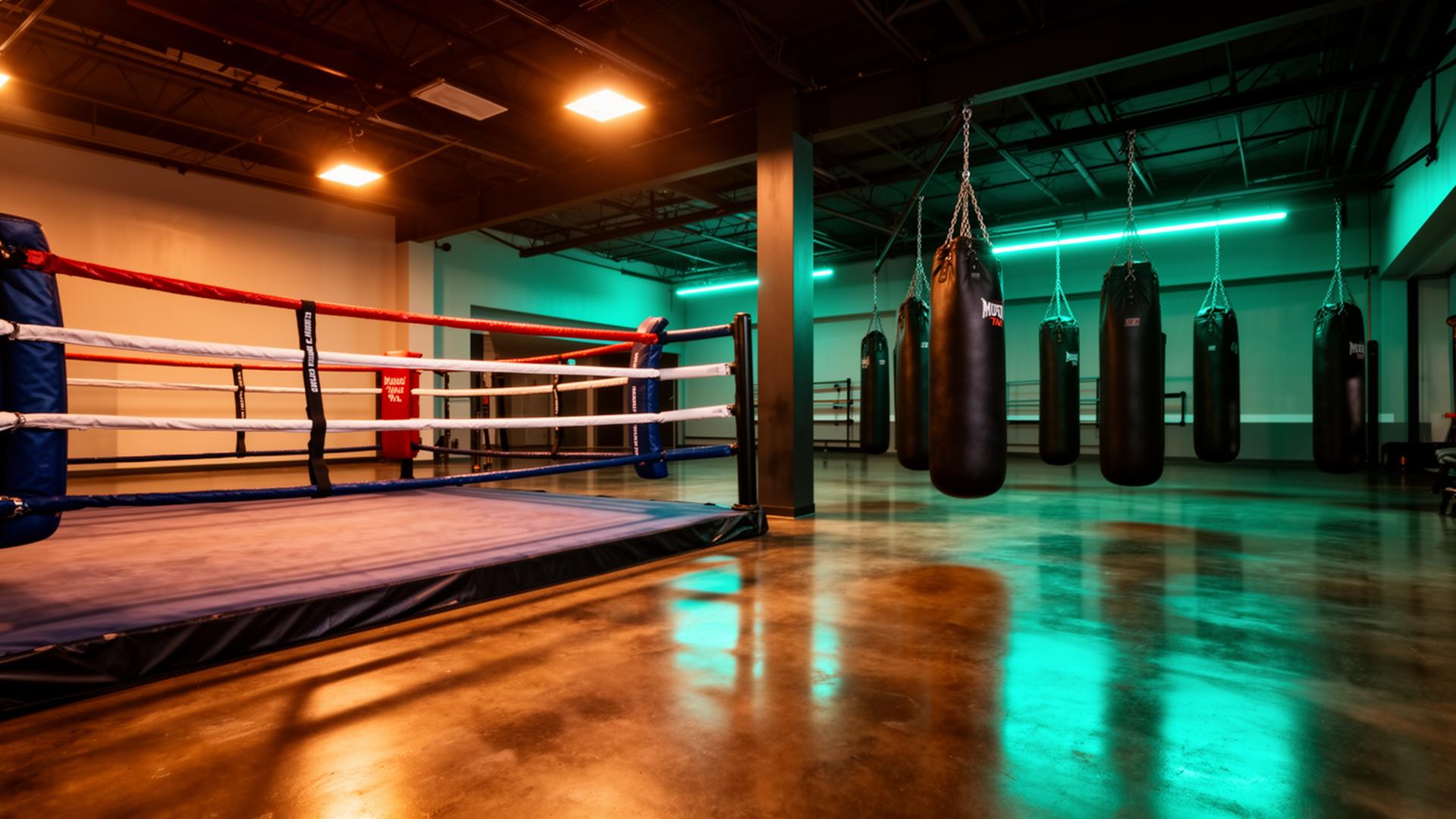 Interior of a Muay Thai gym with a boxing ring and heavy bags